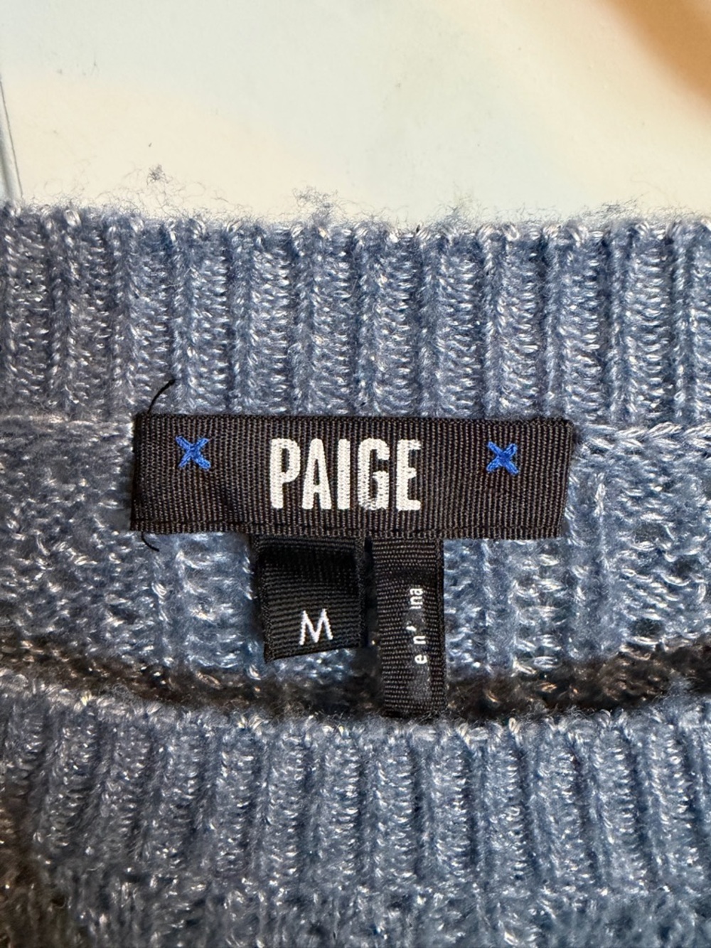 PAIGE Women’s Metallic Blue Knit Sweater - Poof Shoulder - Picture 2 of 3